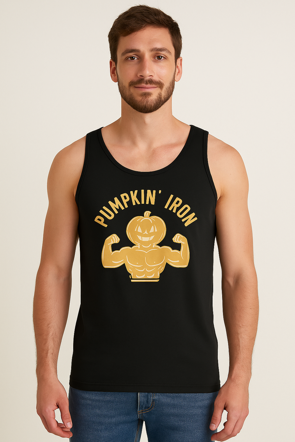 Men’s Pumpkin Iron Halloween Tank Top – Funny Jack-O’-Lantern Gym Workout Shirt