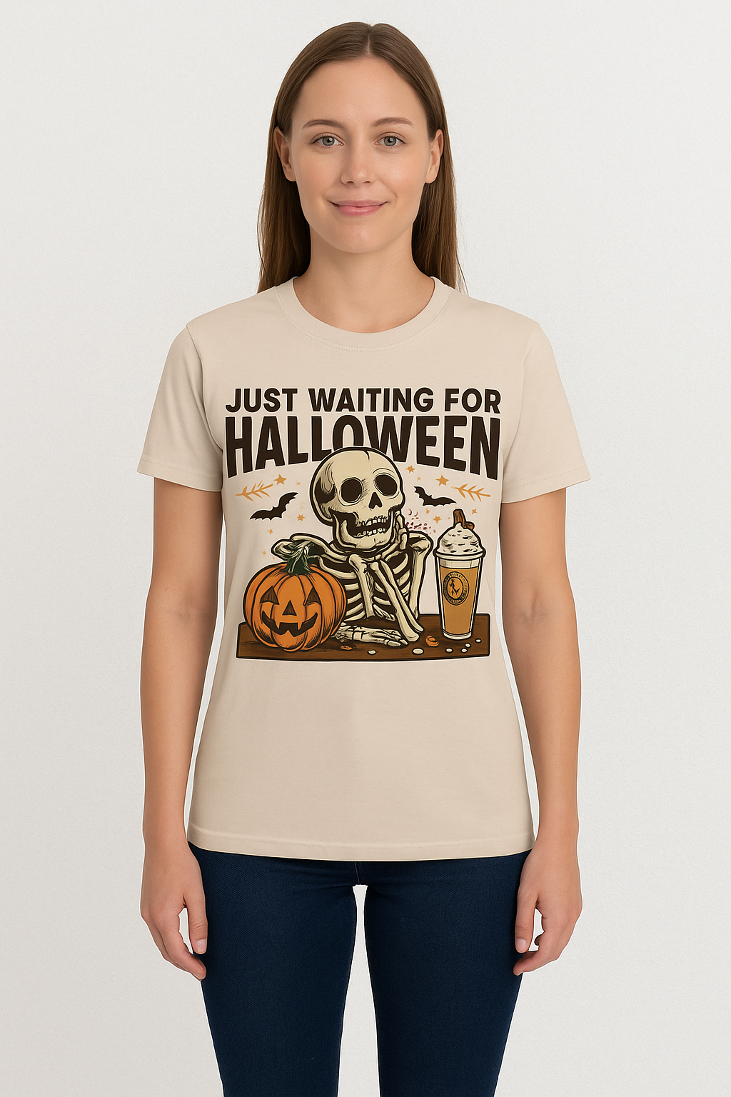 Just Waiting for Halloween T-Shirt – Funny Skeleton Coffee Shirt