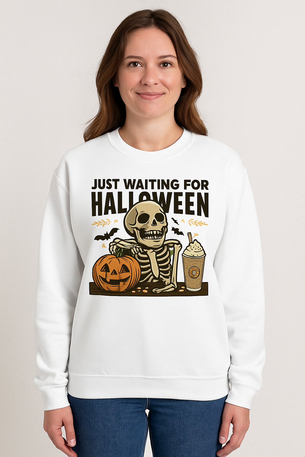 Just Waiting for Halloween Skeleton Pumpkin Sweatshirt – Cozy Fall & Spooky Season Pullover