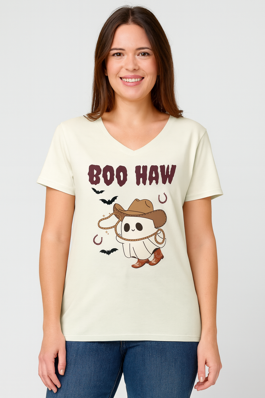Boo Haw V-Neck T-Shirt – Funny Cowboy Ghost Halloween Shirt