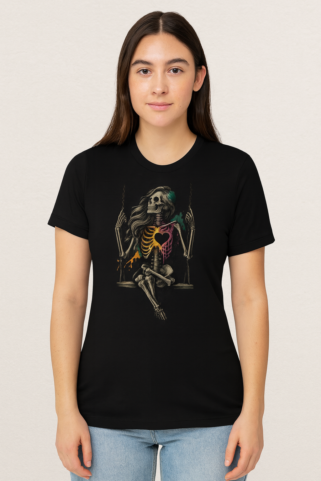 Skeleton Swing Shirt – Gothic Skeleton Heart Graphic Tee with Color Splash