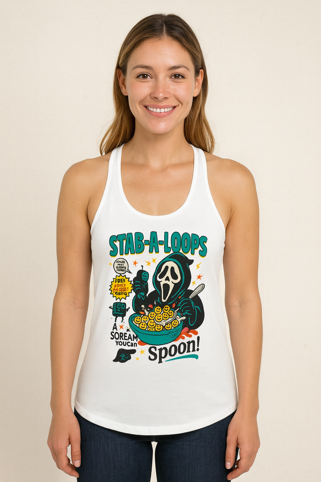 Stab-A-Loops Racerback Tank – Funny Horror Cereal Killer Edition Parody Halloween Shirt