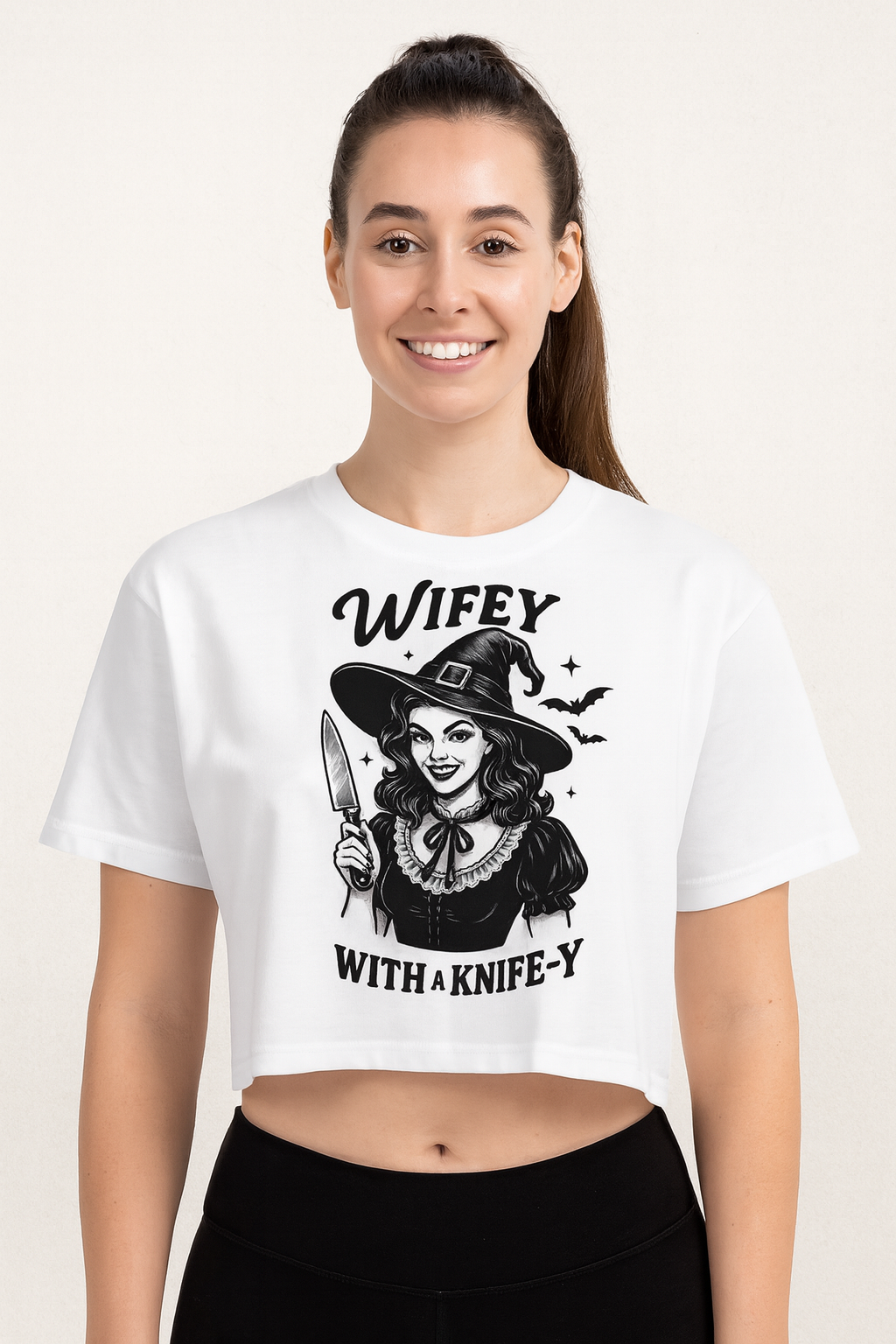 Wifey With a Knife-y Witch Crop Top – Funny Spooky Halloween Shirt for Wives