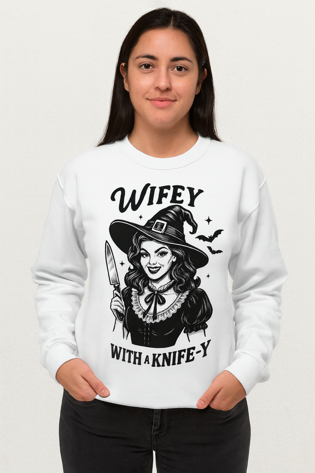 Wifey With a Knife-y Witch Sweatshirt – Funny Creepy Halloween Sweater for Wives