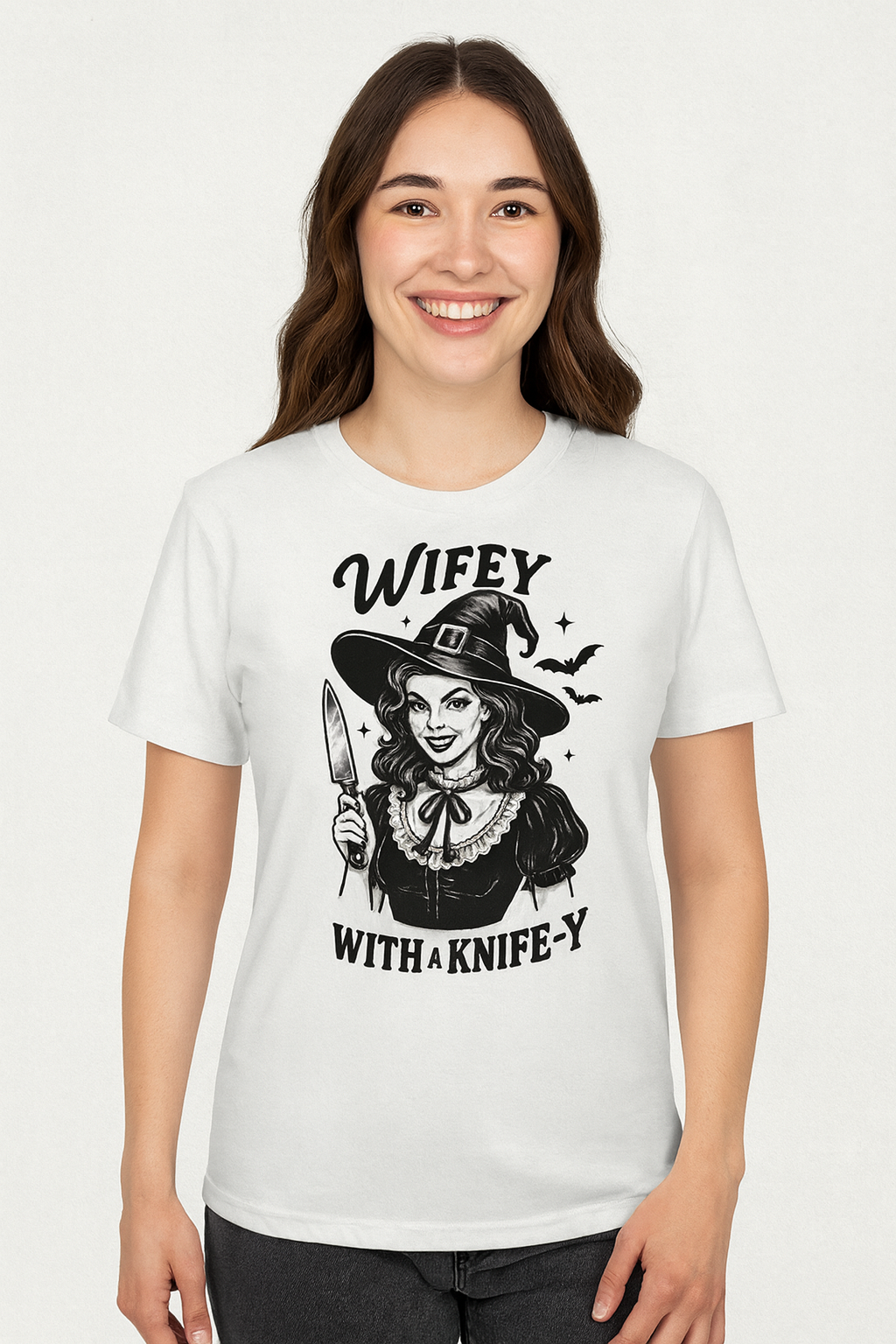 Wifey With a Knife-y Witch T-Shirt – Funny Creepy Halloween Shirt for Wives