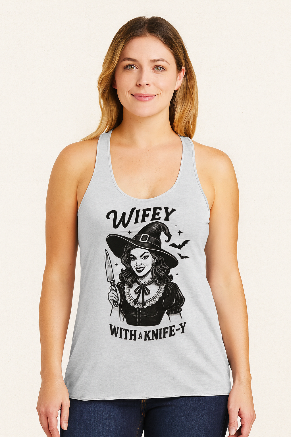 Wifey With a Knife-y Witch Racerback Tank Top – Funny Creepy Halloween Tank for Wives