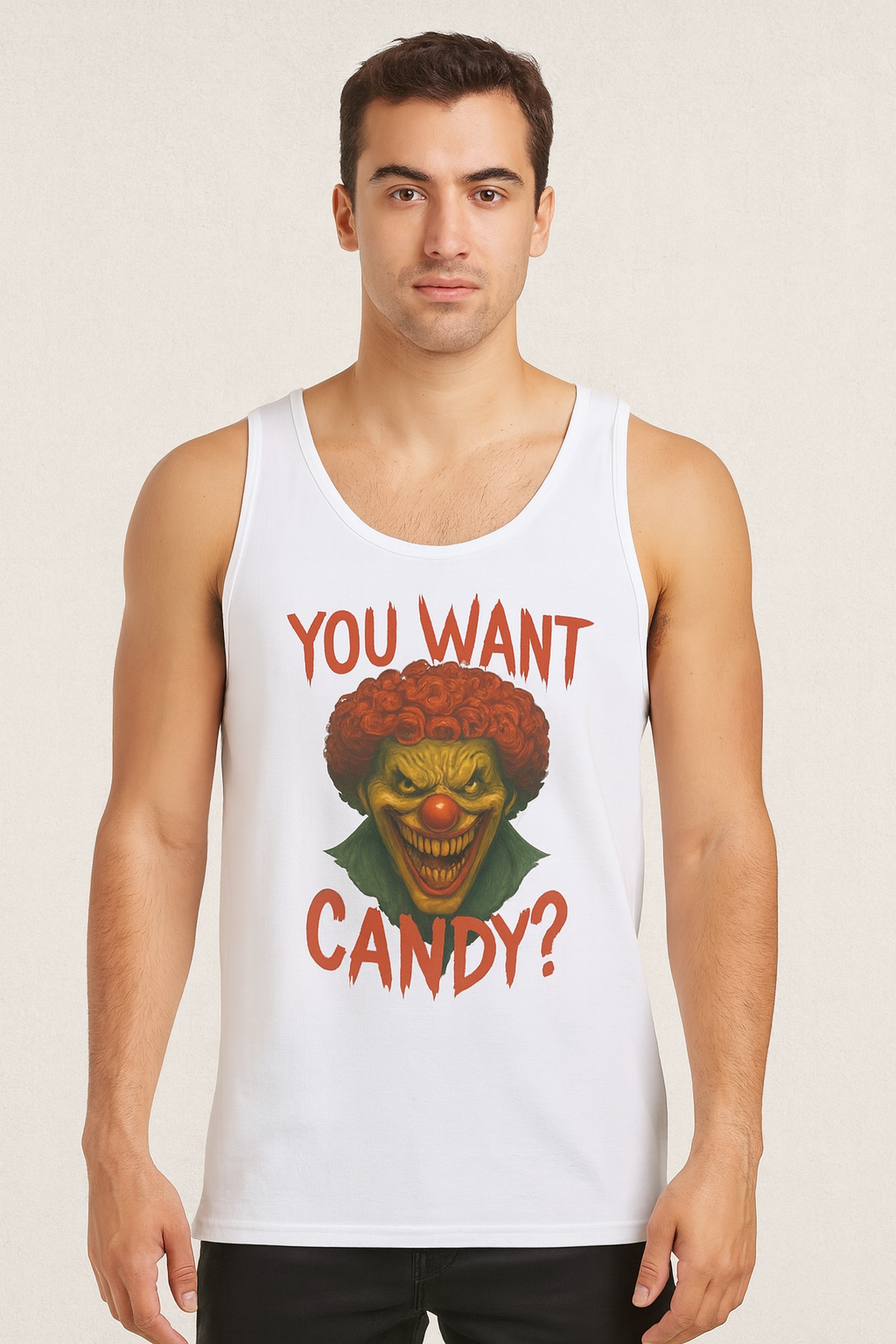 You Want Candy? Scary Clown Halloween Tank Top – Creepy Circus Horror Sleeveless Shirt
