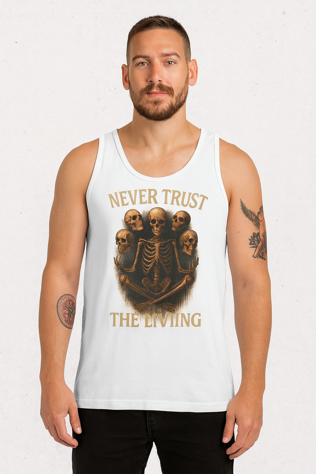 Never Trust the Living Skeleton Tank Top – Gothic Horror Halloween Sleeveless Shirt