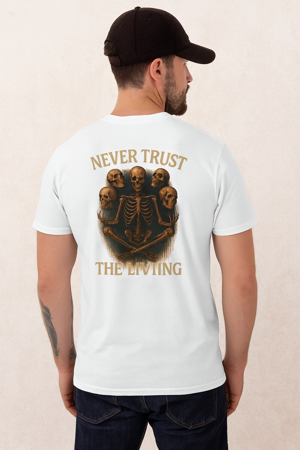 Never Trust the Living Skeleton Graphic Tee – Gothic Skull Horror T-Shirt Design