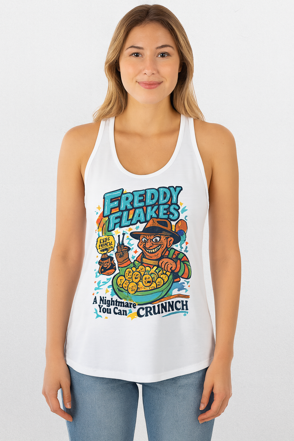 Freddy Flakes Racerback Tank – Funny Horror Cereal Killer Editio Parody Halloween Shirt