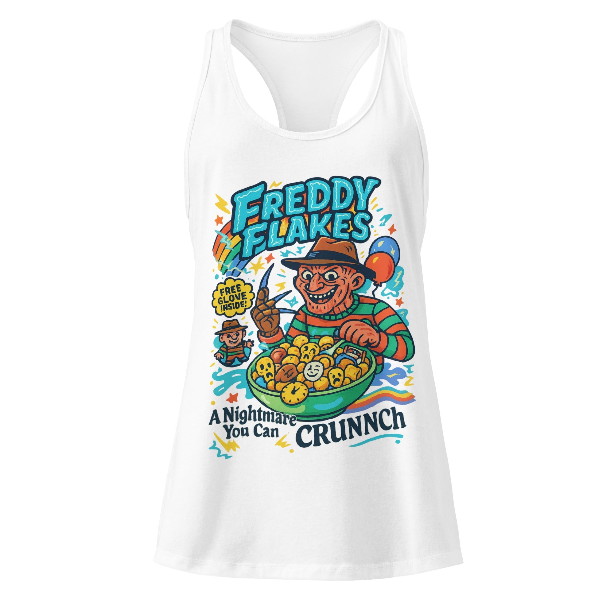 Freddy Flakes Racerback Tank – Funny Horror Cereal Killer Editio Parody Halloween Shirt